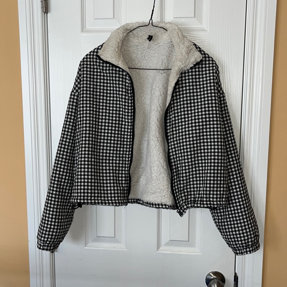 Cropped Sherpa Gingham Jacket